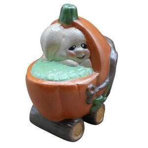 Halloween Ceramic Baby Ghost Twins in Pumpkin Stroller 3.5" Hand Painted 1985